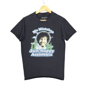 Bob Ross Graphic T-Shirt Mens Small Black Cotton Happy Accidents Tee